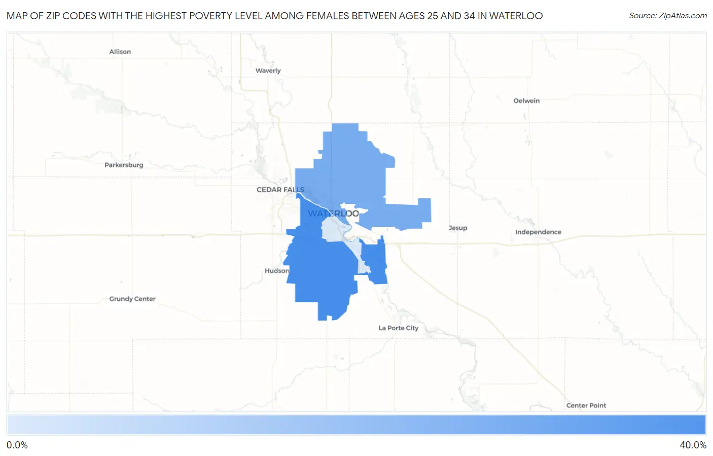 Zip Codes with the Highest Poverty Level Among Females Between Ages 25 and 34 in Waterloo Map