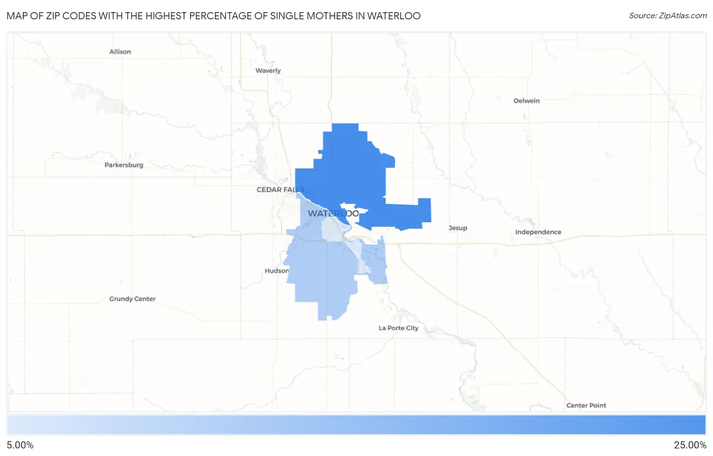 Zip Codes with the Highest Percentage of Single Mothers in Waterloo Map