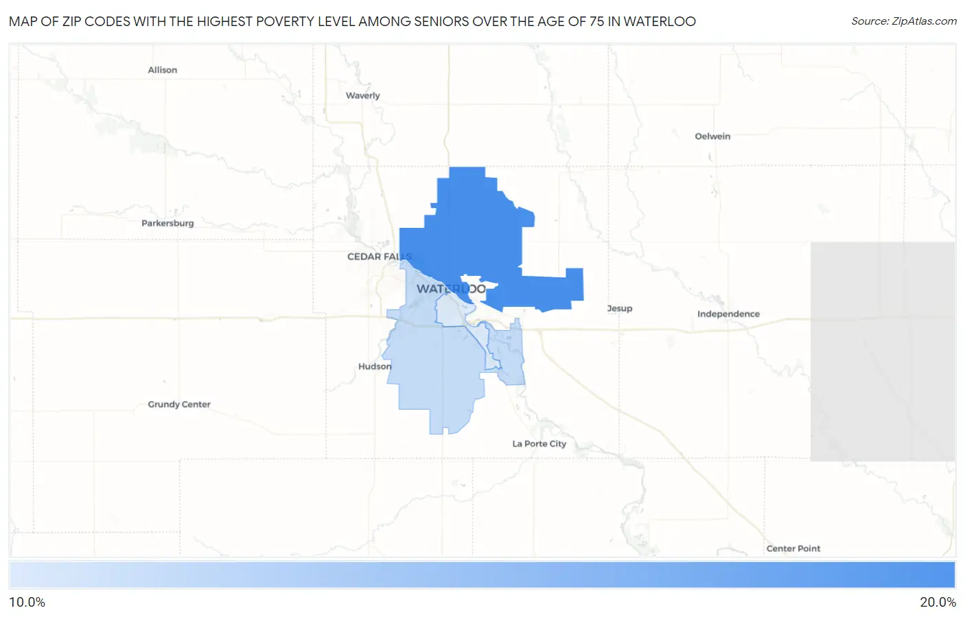Zip Codes with the Highest Poverty Level Among Seniors Over the Age of 75 in Waterloo Map