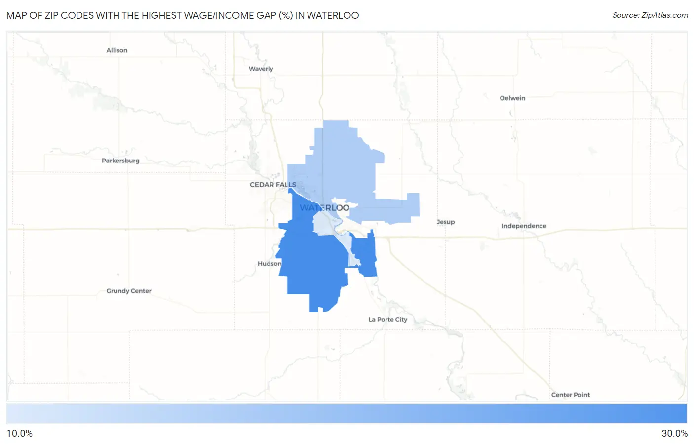 Zip Codes with the Highest Wage/Income Gap (%) in Waterloo Map