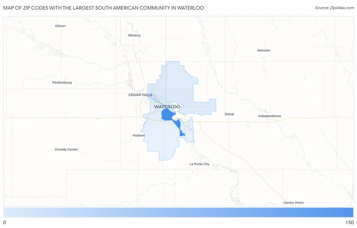 Zip Codes with the Largest South American Community in Waterloo Map