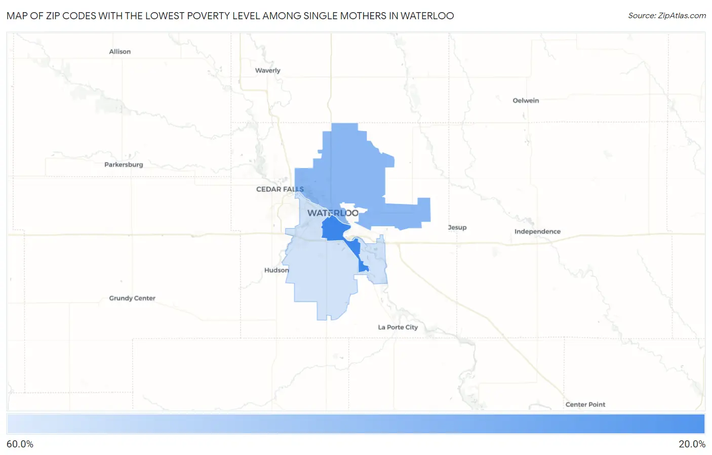 Zip Codes with the Lowest Poverty Level Among Single Mothers in Waterloo Map