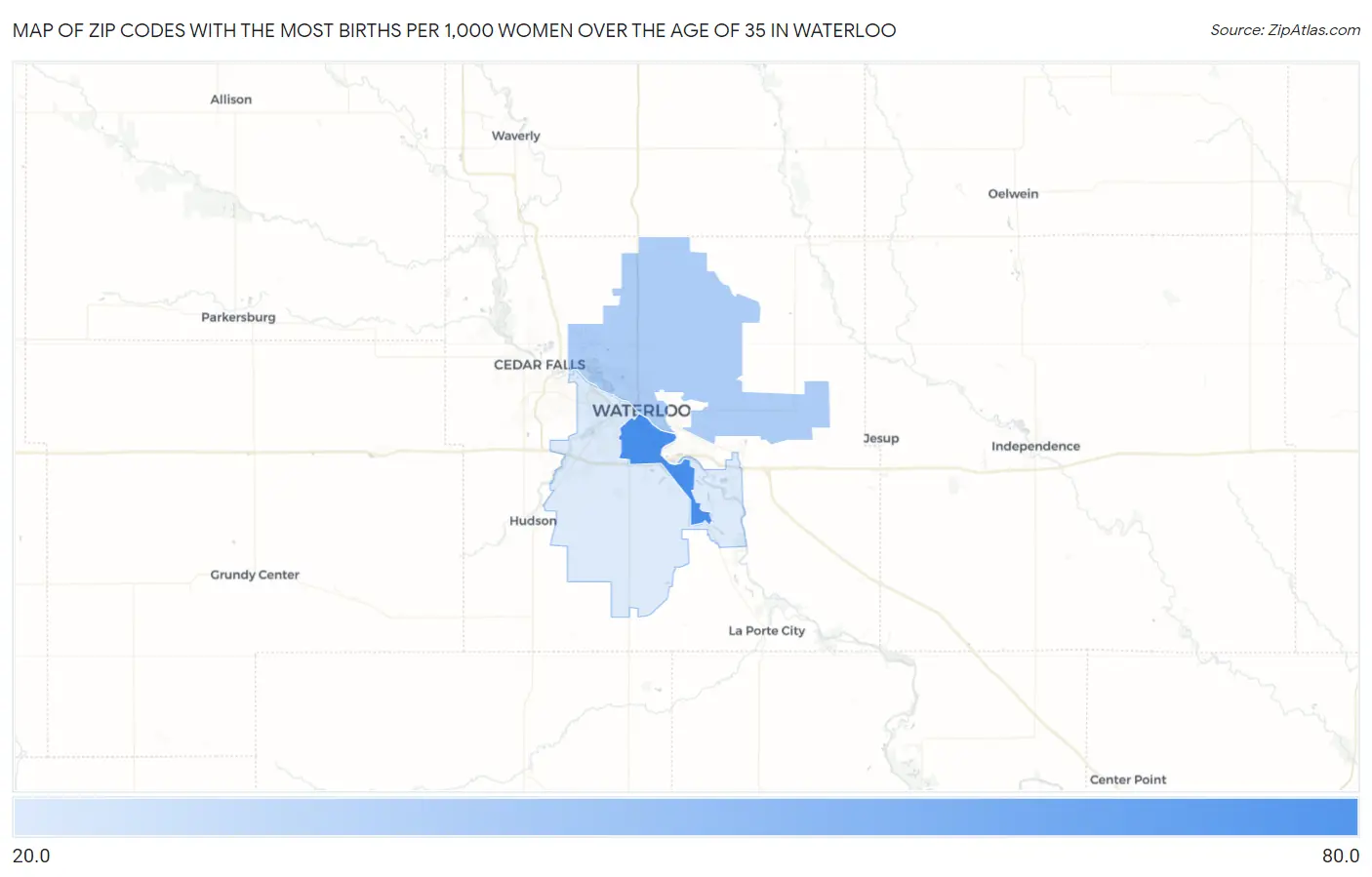 Zip Codes with the Most Births per 1,000 Women Over the Age of 35 in Waterloo Map