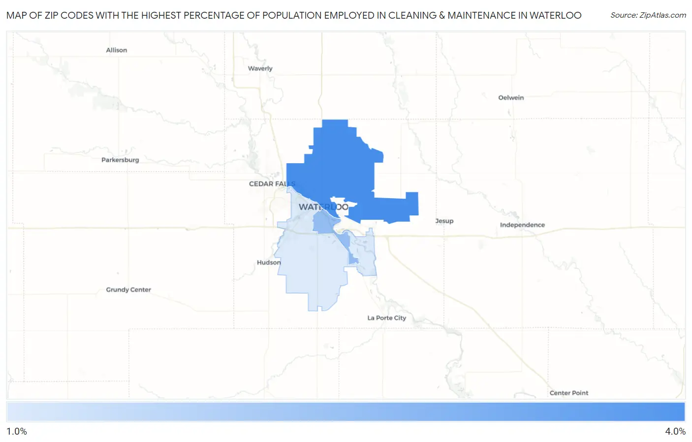 Zip Codes with the Highest Percentage of Population Employed in Cleaning & Maintenance in Waterloo Map