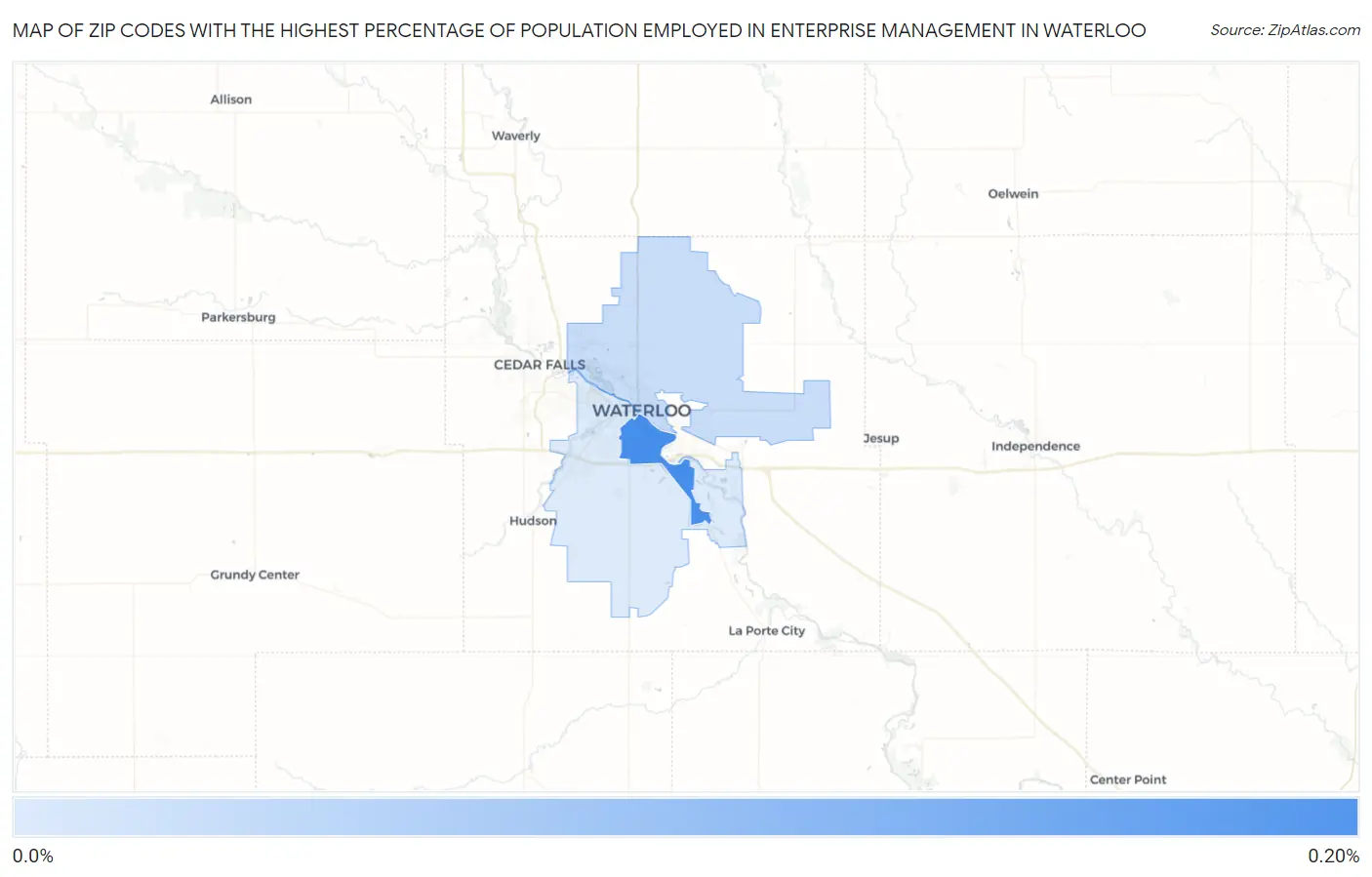 Zip Codes with the Highest Percentage of Population Employed in Enterprise Management in Waterloo Map