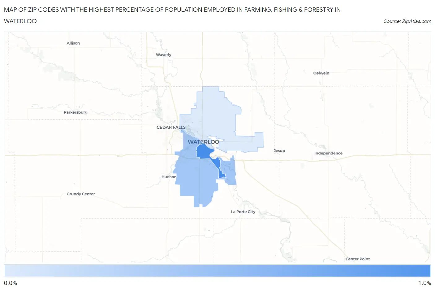 Zip Codes with the Highest Percentage of Population Employed in Farming, Fishing & Forestry in Waterloo Map