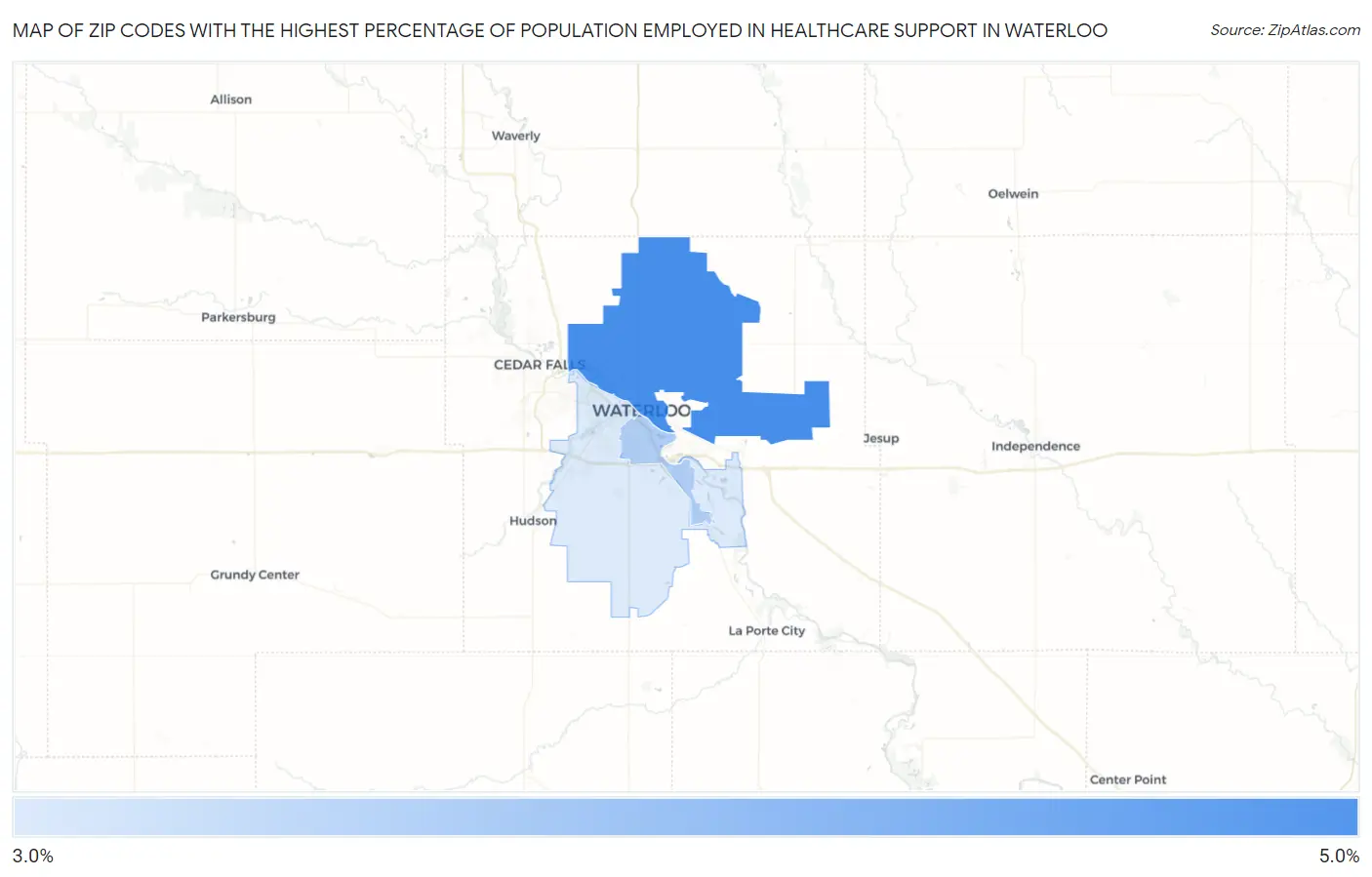 Zip Codes with the Highest Percentage of Population Employed in Healthcare Support in Waterloo Map