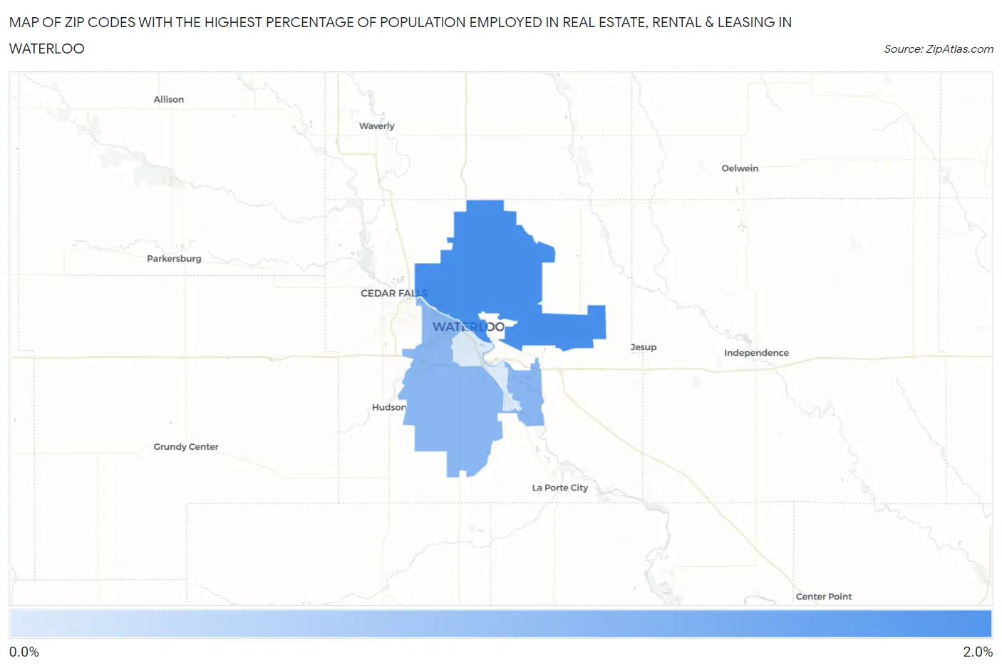 Zip Codes with the Highest Percentage of Population Employed in Real Estate, Rental & Leasing in Waterloo Map