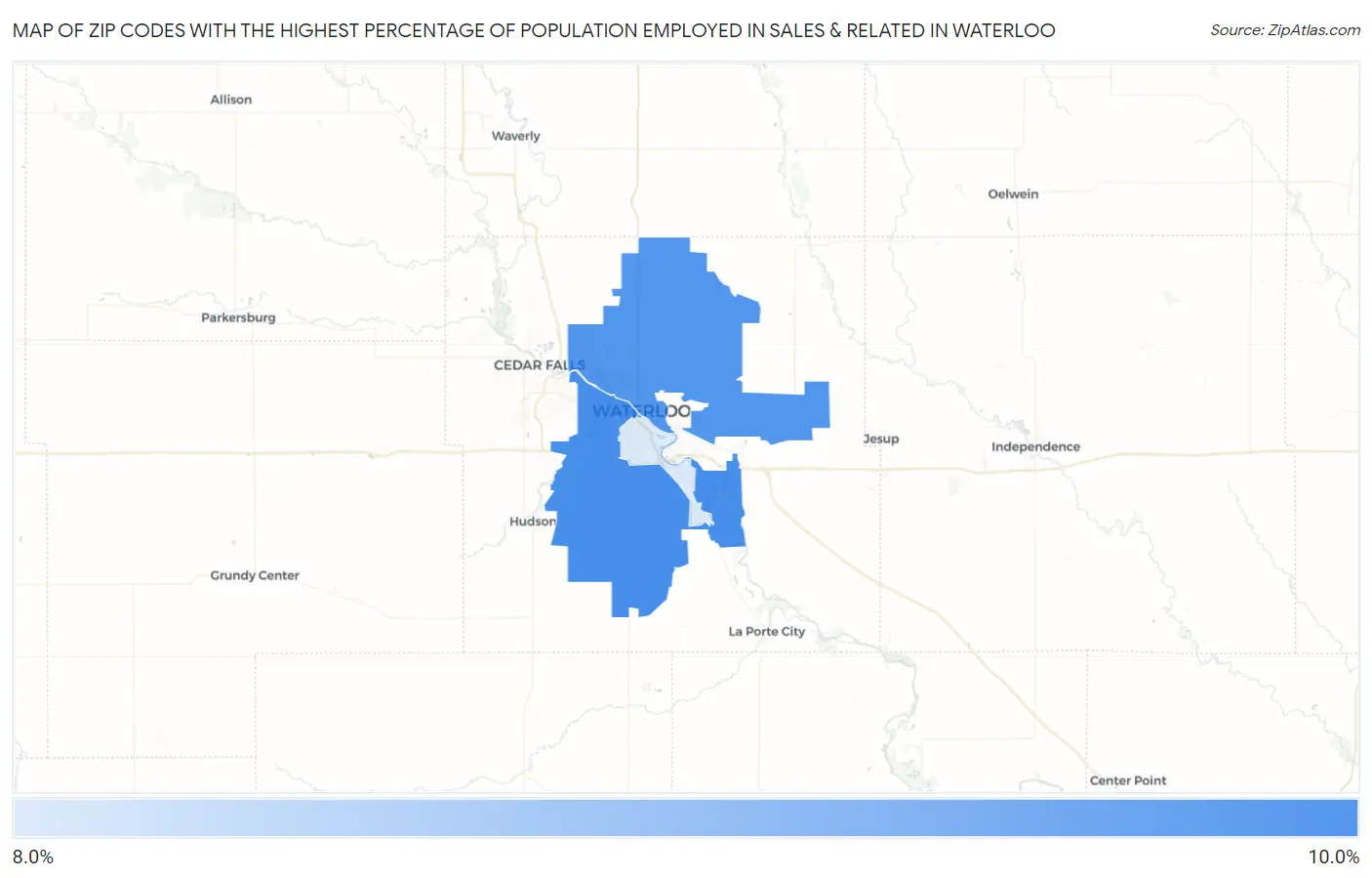 Zip Codes with the Highest Percentage of Population Employed in Sales & Related in Waterloo Map