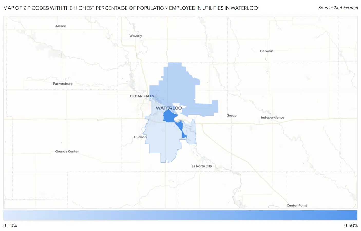 Zip Codes with the Highest Percentage of Population Employed in Utilities in Waterloo Map