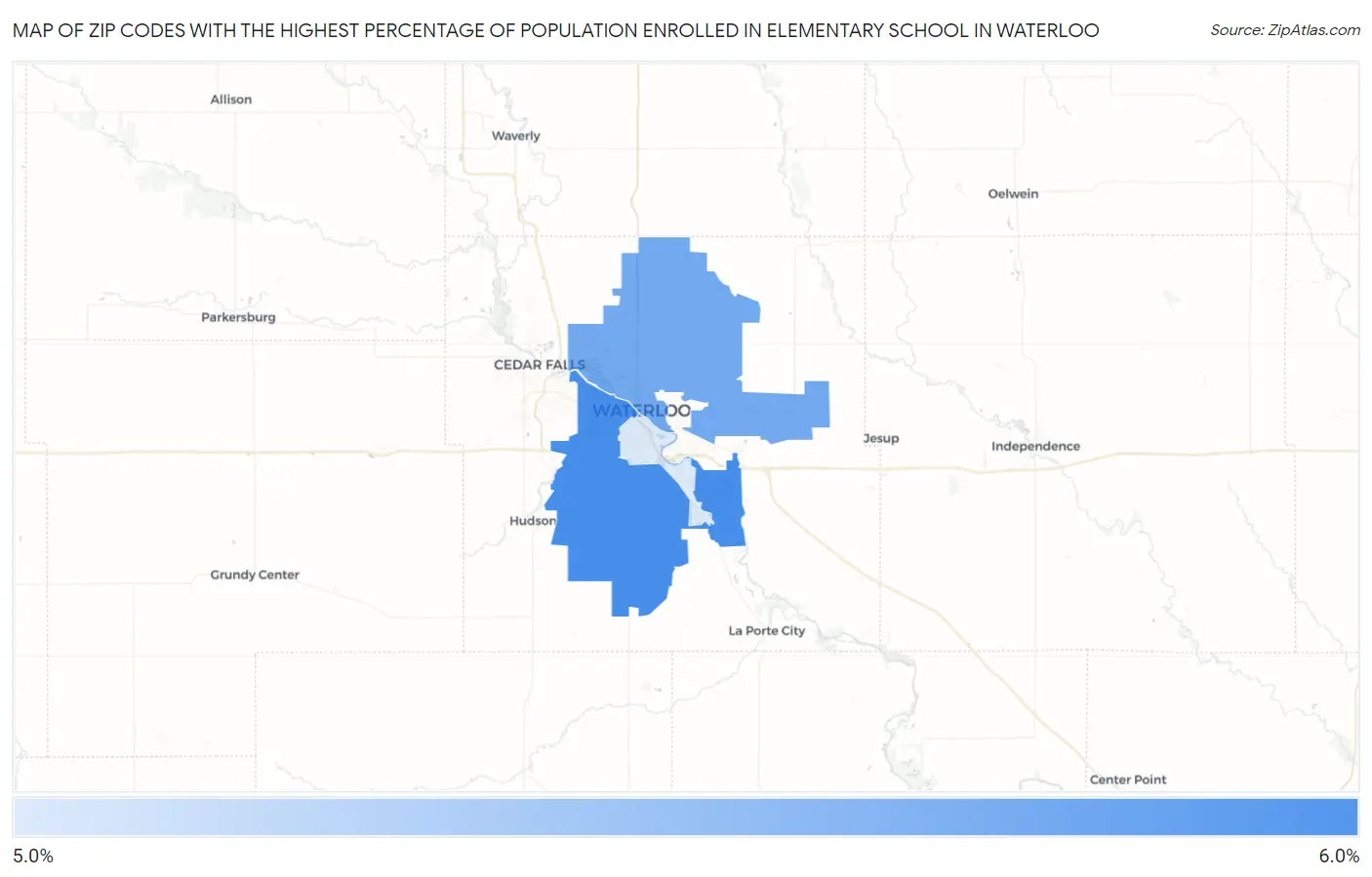 Zip Codes with the Highest Percentage of Population Enrolled in Elementary School in Waterloo Map