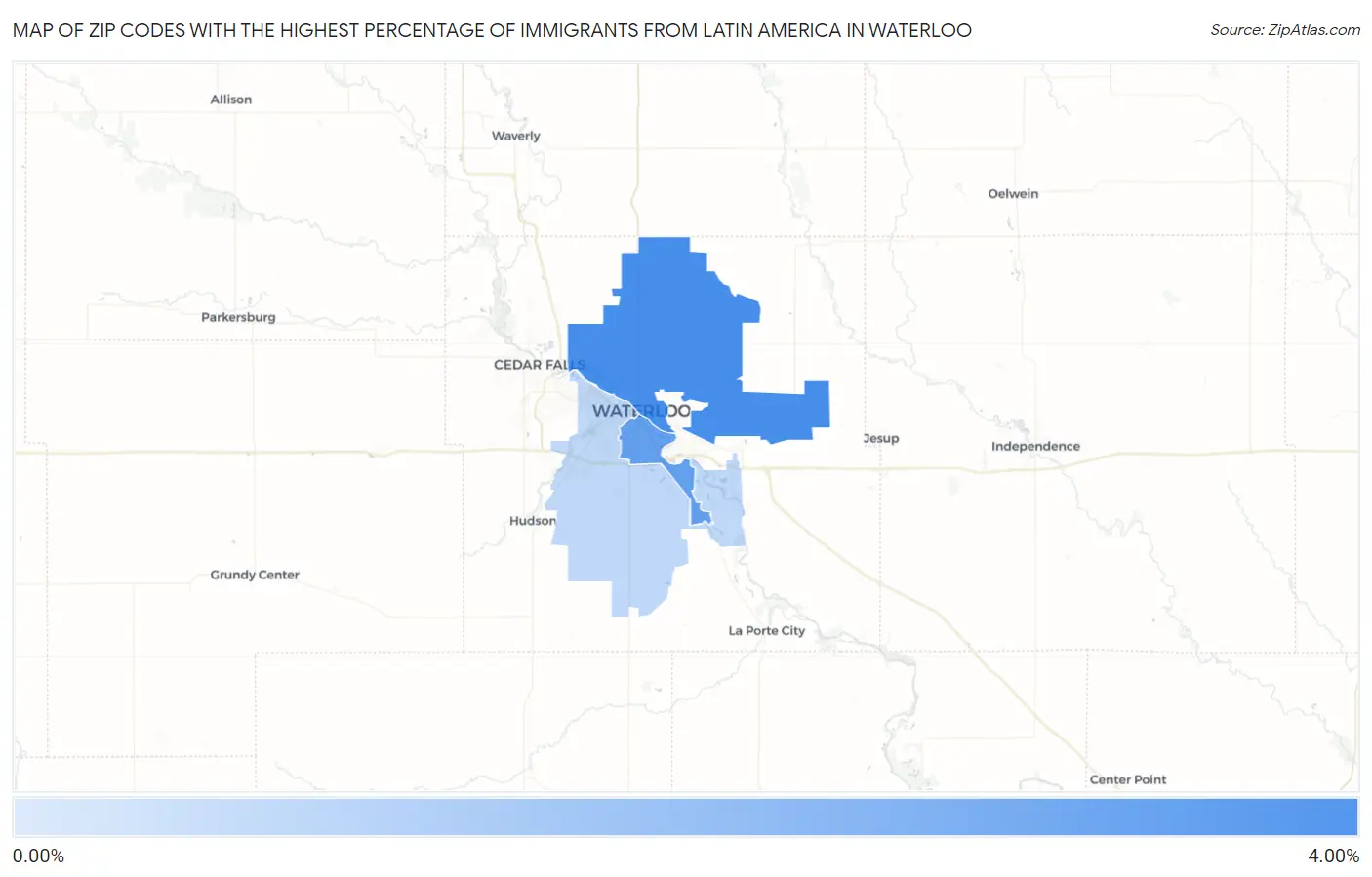 Zip Codes with the Highest Percentage of Immigrants from Latin America in Waterloo Map