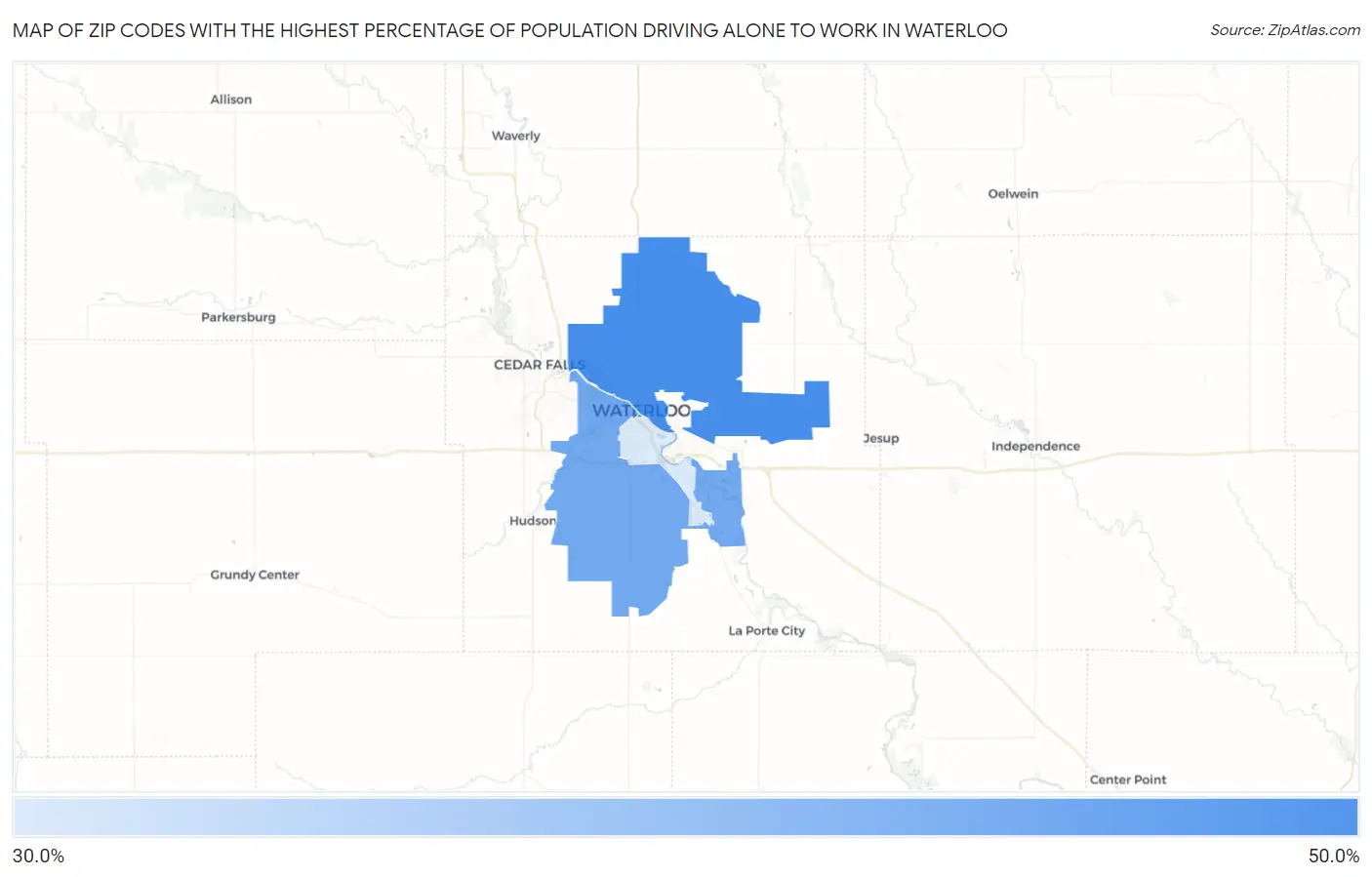Zip Codes with the Highest Percentage of Population Driving Alone to Work in Waterloo Map