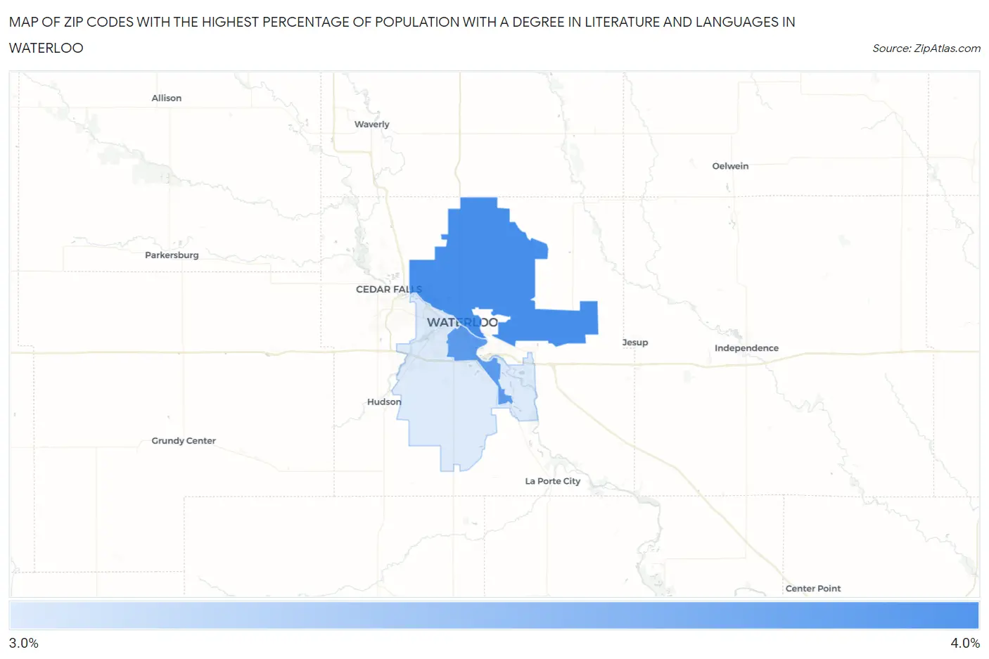 Zip Codes with the Highest Percentage of Population with a Degree in Literature and Languages in Waterloo Map