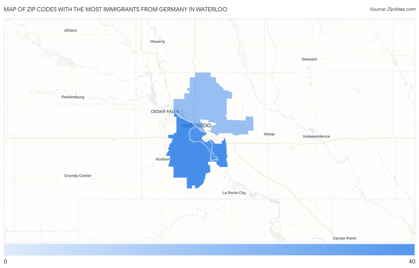 Zip Codes with the Most Immigrants from Germany in Waterloo Map