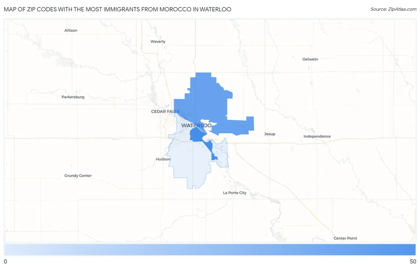 Zip Codes with the Most Immigrants from Morocco in Waterloo Map