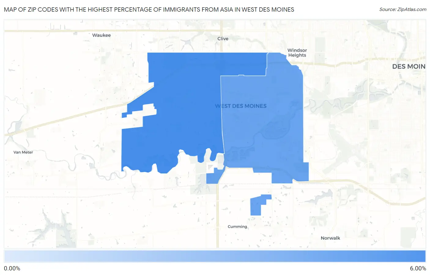 Zip Codes with the Highest Percentage of Immigrants from Asia in West Des Moines Map