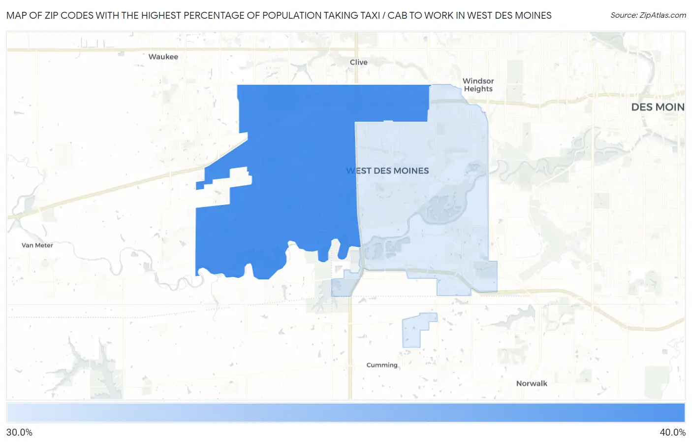 Zip Codes with the Highest Percentage of Population Taking Taxi / Cab to Work in West Des Moines Map