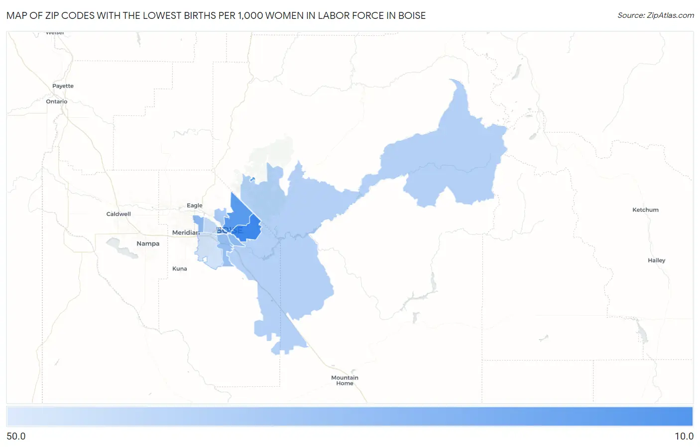 Zip Codes with the Lowest Births per 1,000 Women in Labor Force in Boise Map