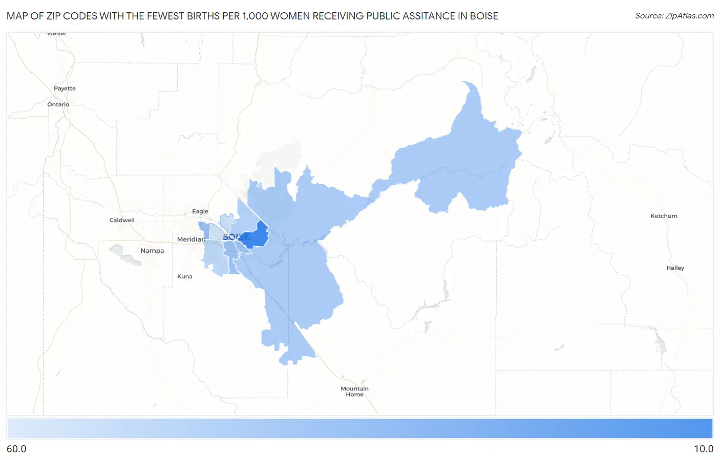 Zip Codes with the Fewest Births per 1,000 Women Receiving Public Assitance in Boise Map