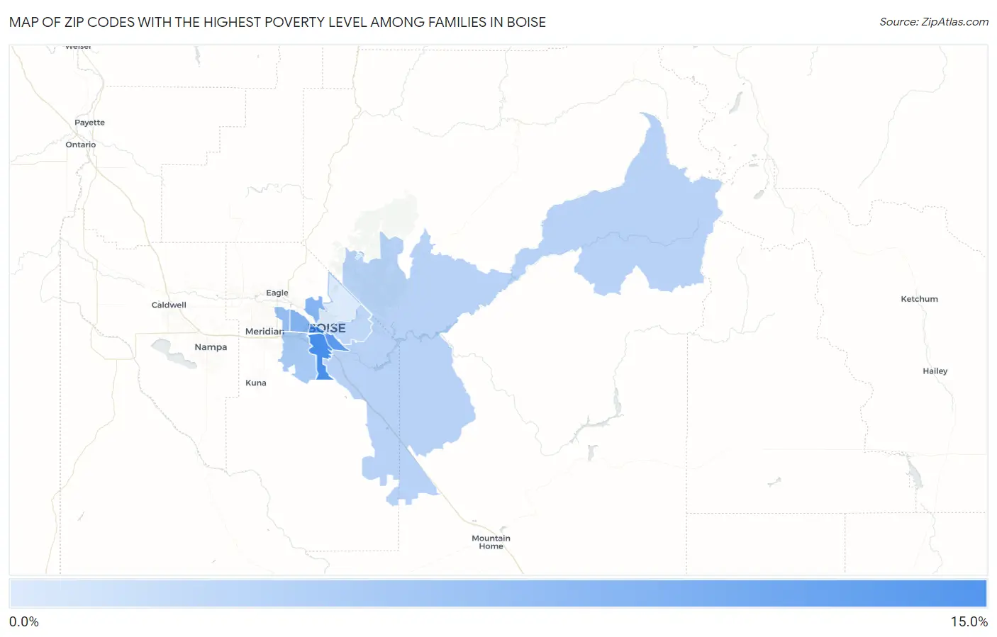 Zip Codes with the Highest Poverty Level Among Families in Boise Map