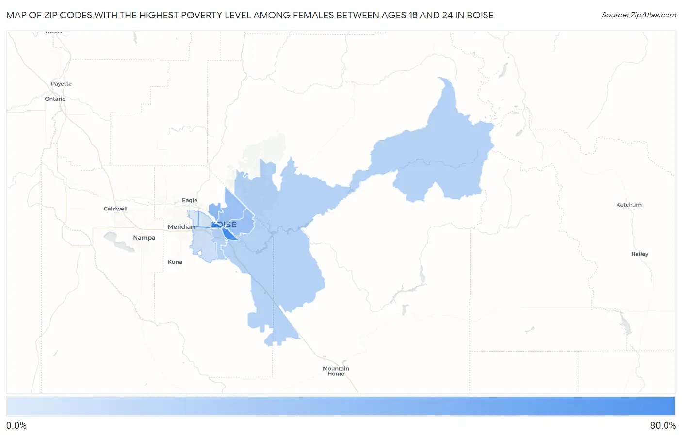 Zip Codes with the Highest Poverty Level Among Females Between Ages 18 and 24 in Boise Map