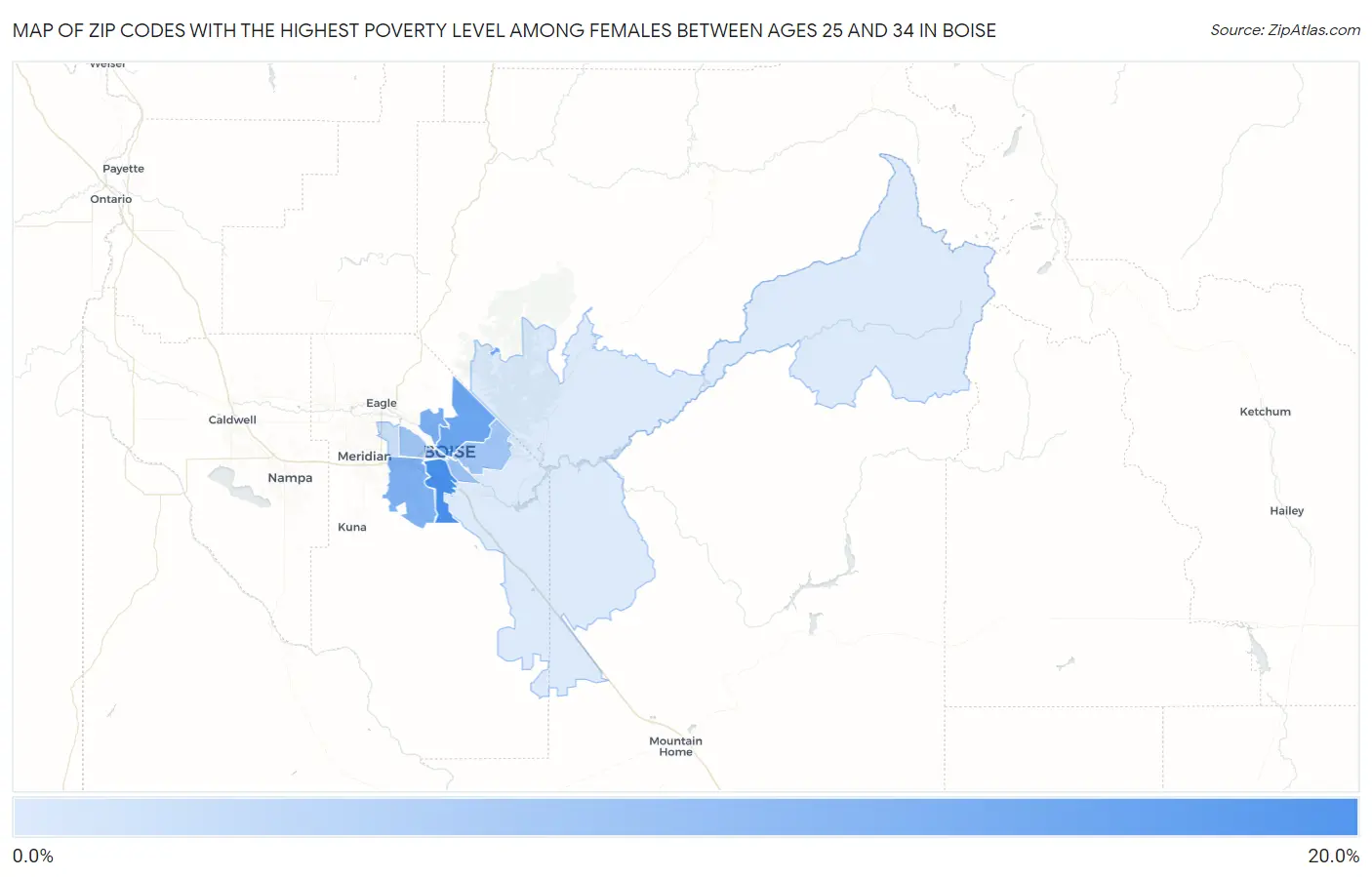 Zip Codes with the Highest Poverty Level Among Females Between Ages 25 and 34 in Boise Map