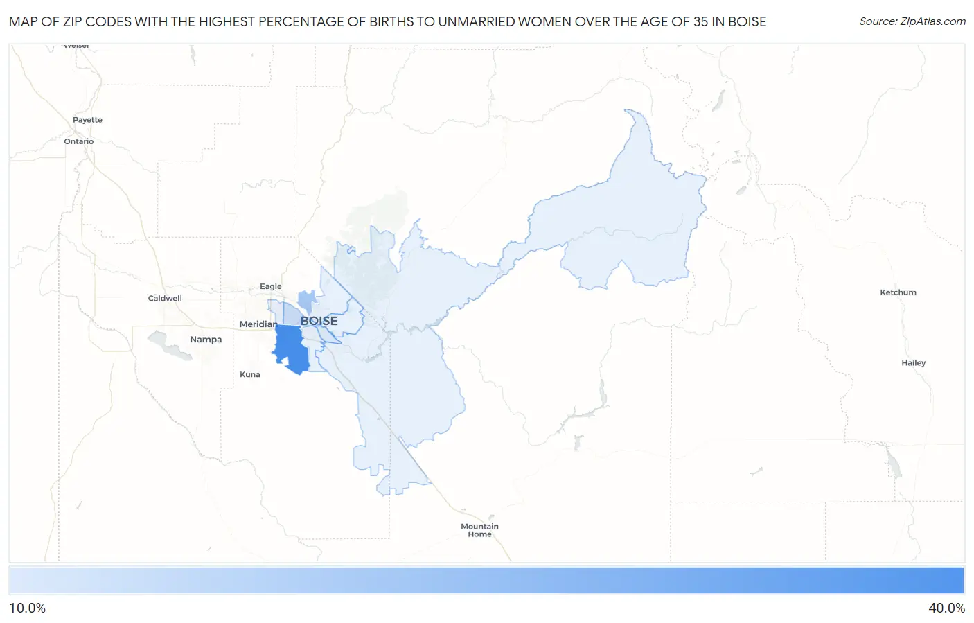 Zip Codes with the Highest Percentage of Births to Unmarried Women over the Age of 35 in Boise Map