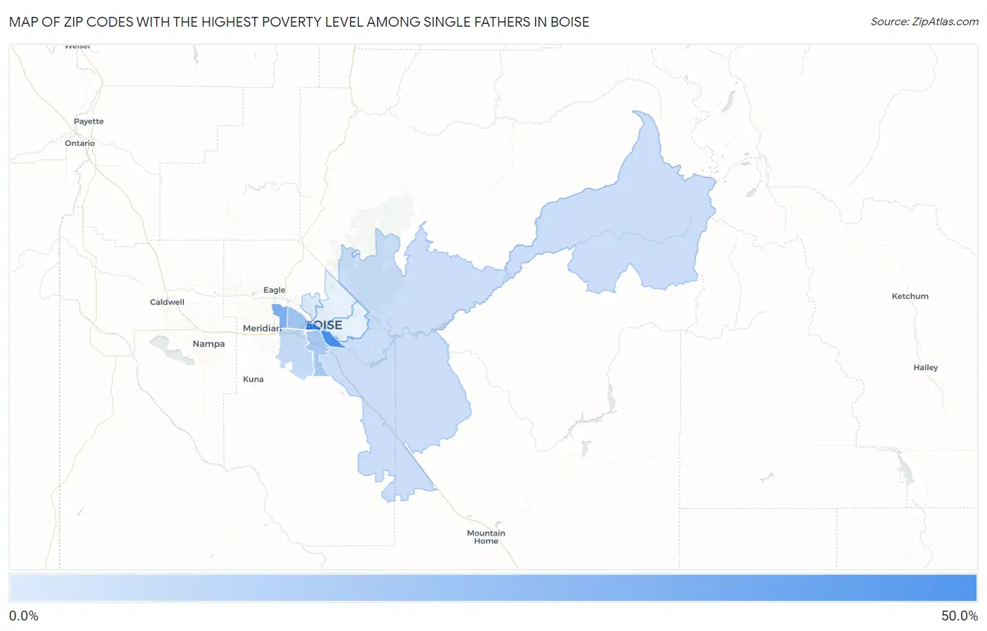 Zip Codes with the Highest Poverty Level Among Single Fathers in Boise Map