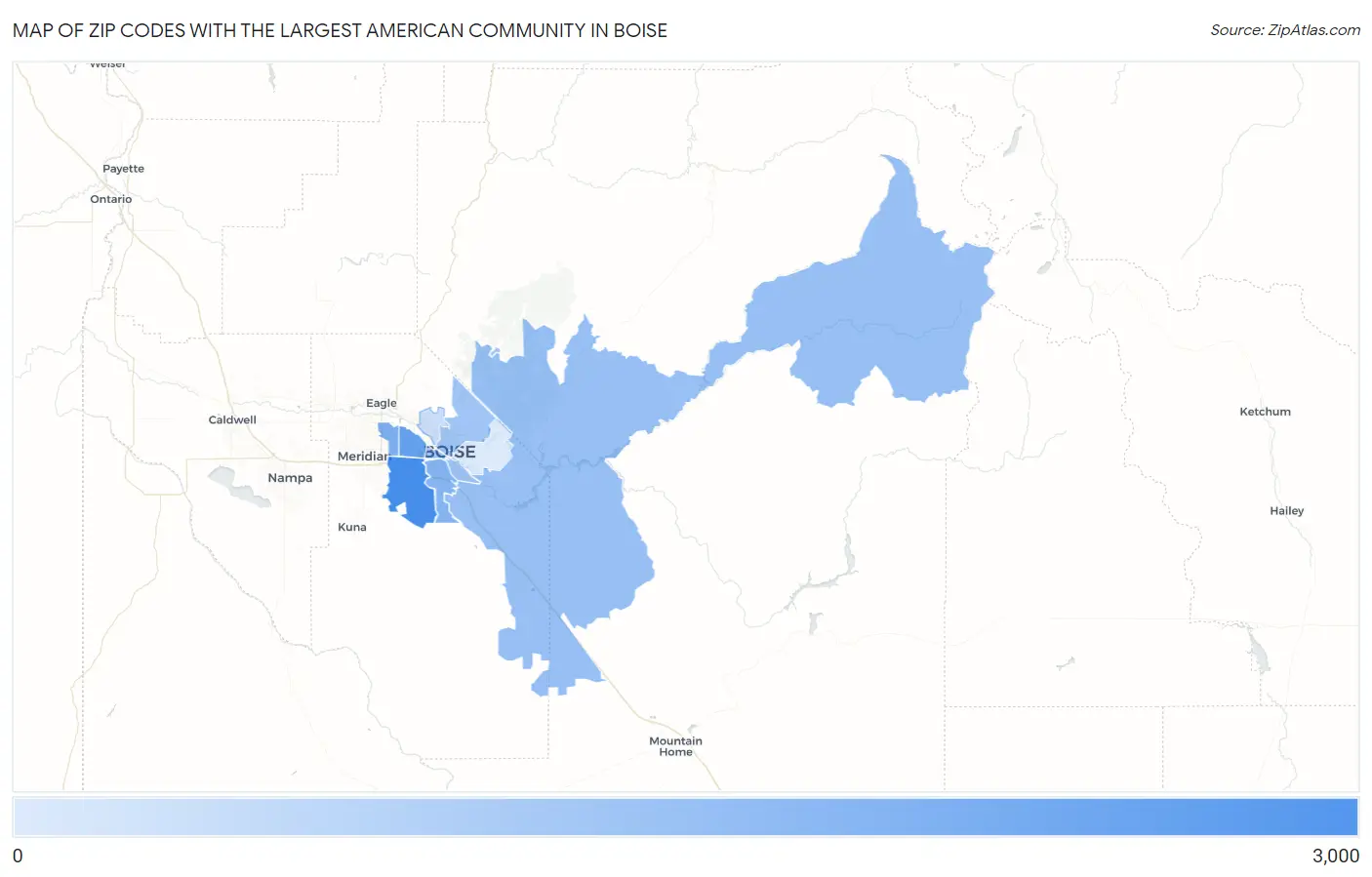 Zip Codes with the Largest American Community in Boise Map