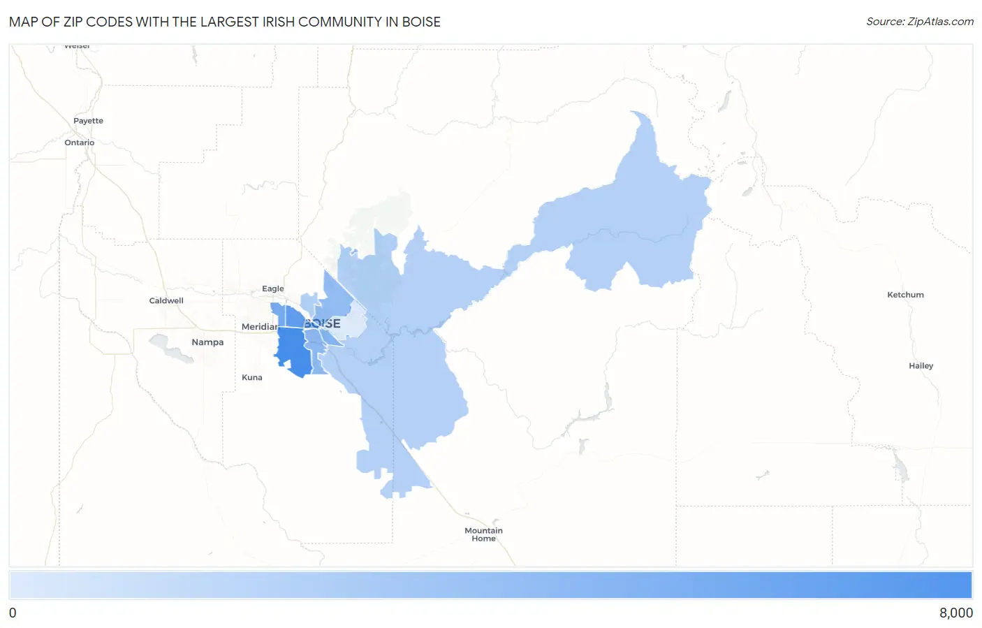Zip Codes with the Largest Irish Community in Boise Map