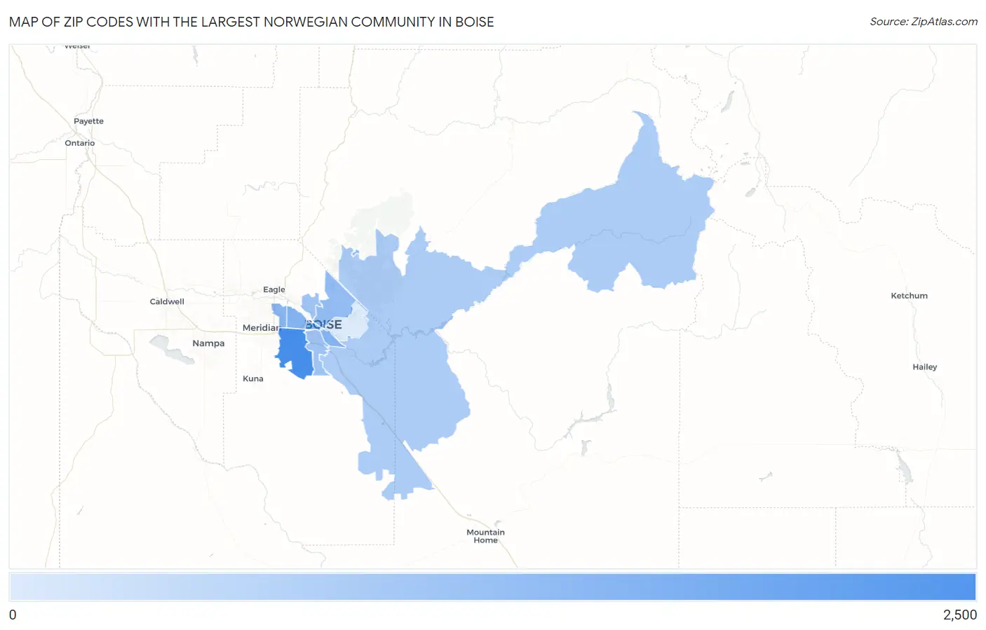 Zip Codes with the Largest Norwegian Community in Boise Map