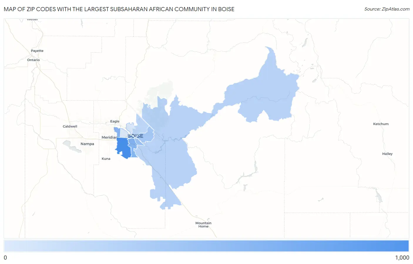 Zip Codes with the Largest Subsaharan African Community in Boise Map
