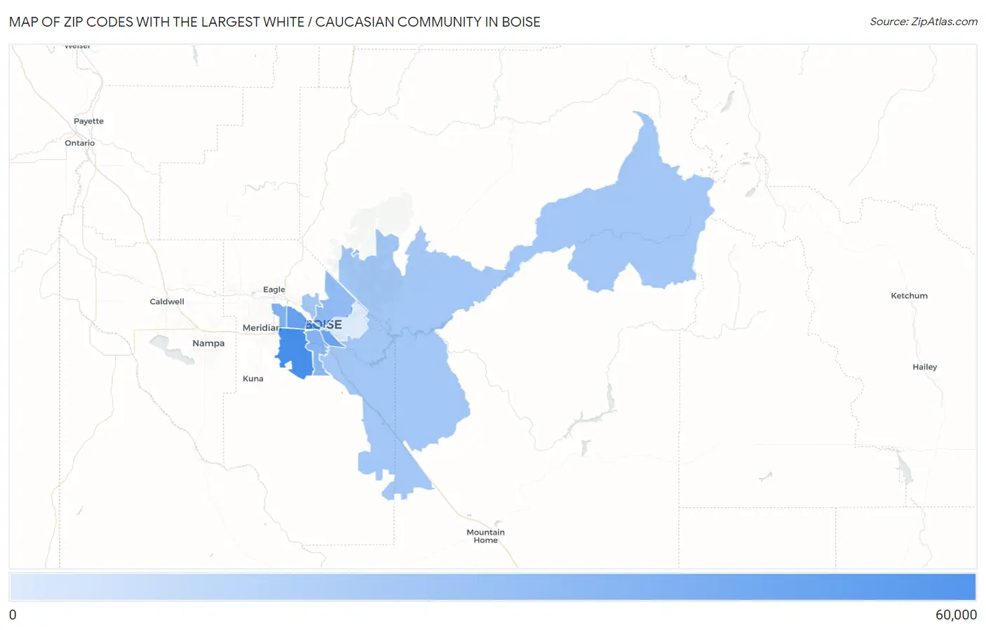 Zip Codes with the Largest White / Caucasian Community in Boise Map