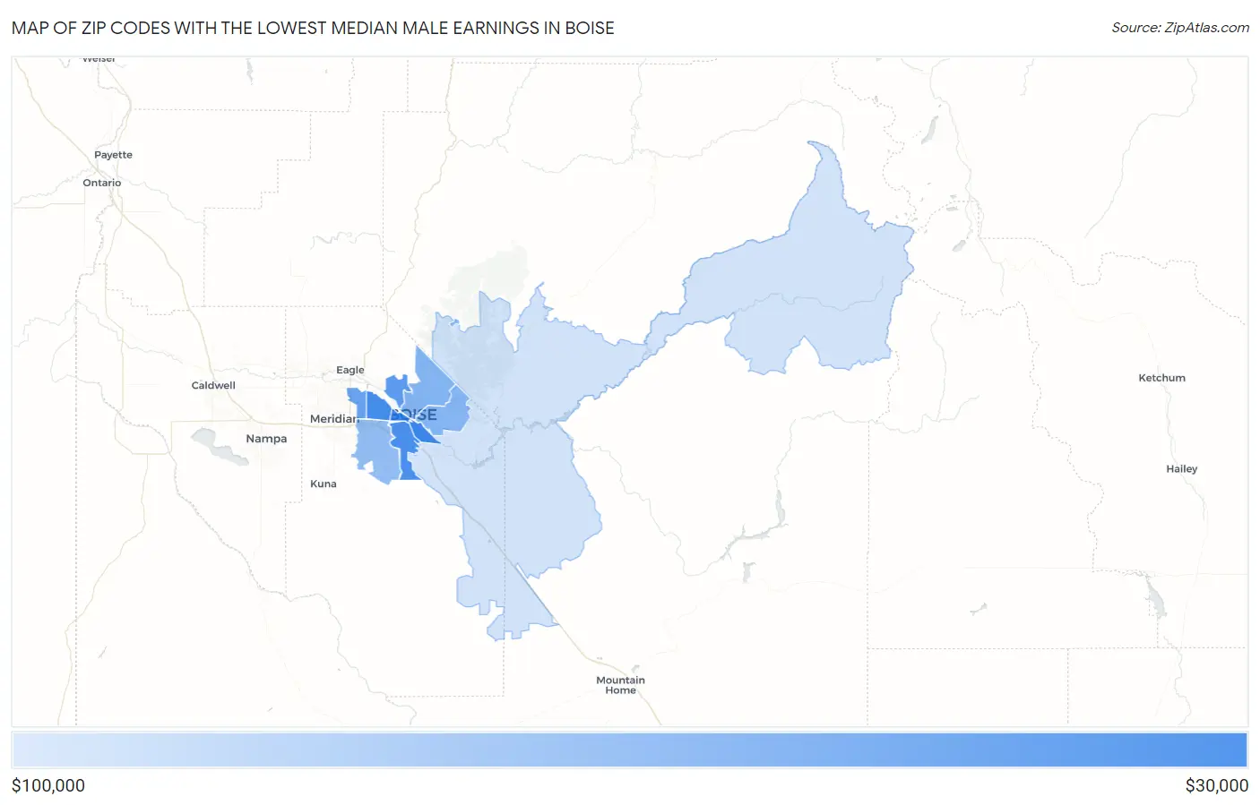 Zip Codes with the Lowest Median Male Earnings in Boise Map