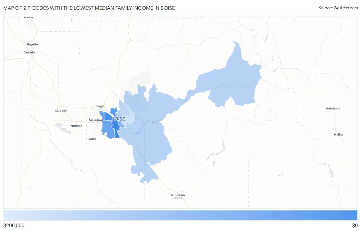 Zip Codes with the Lowest Median Family Income in Boise Map
