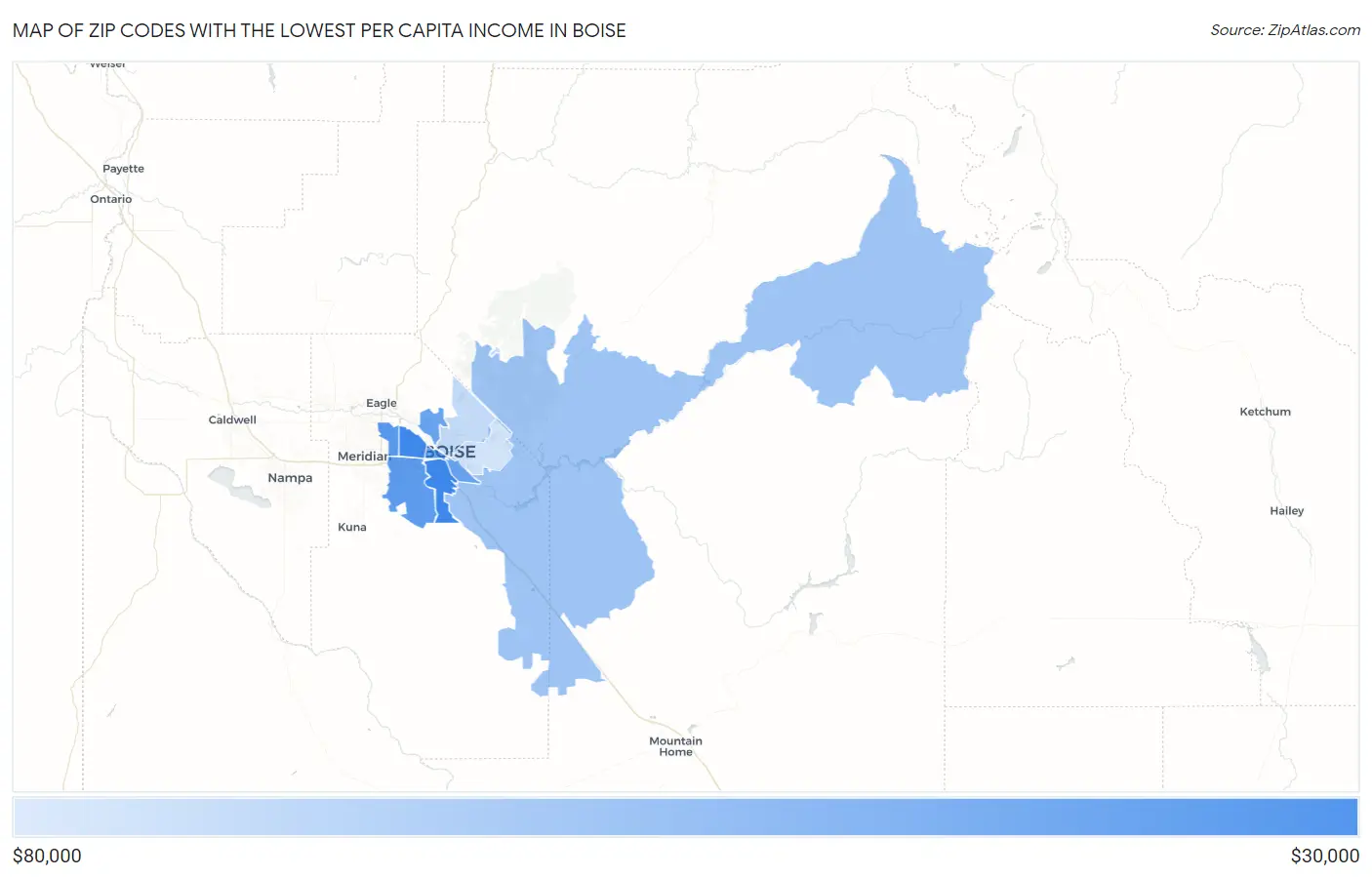 Zip Codes with the Lowest Per Capita Income in Boise Map