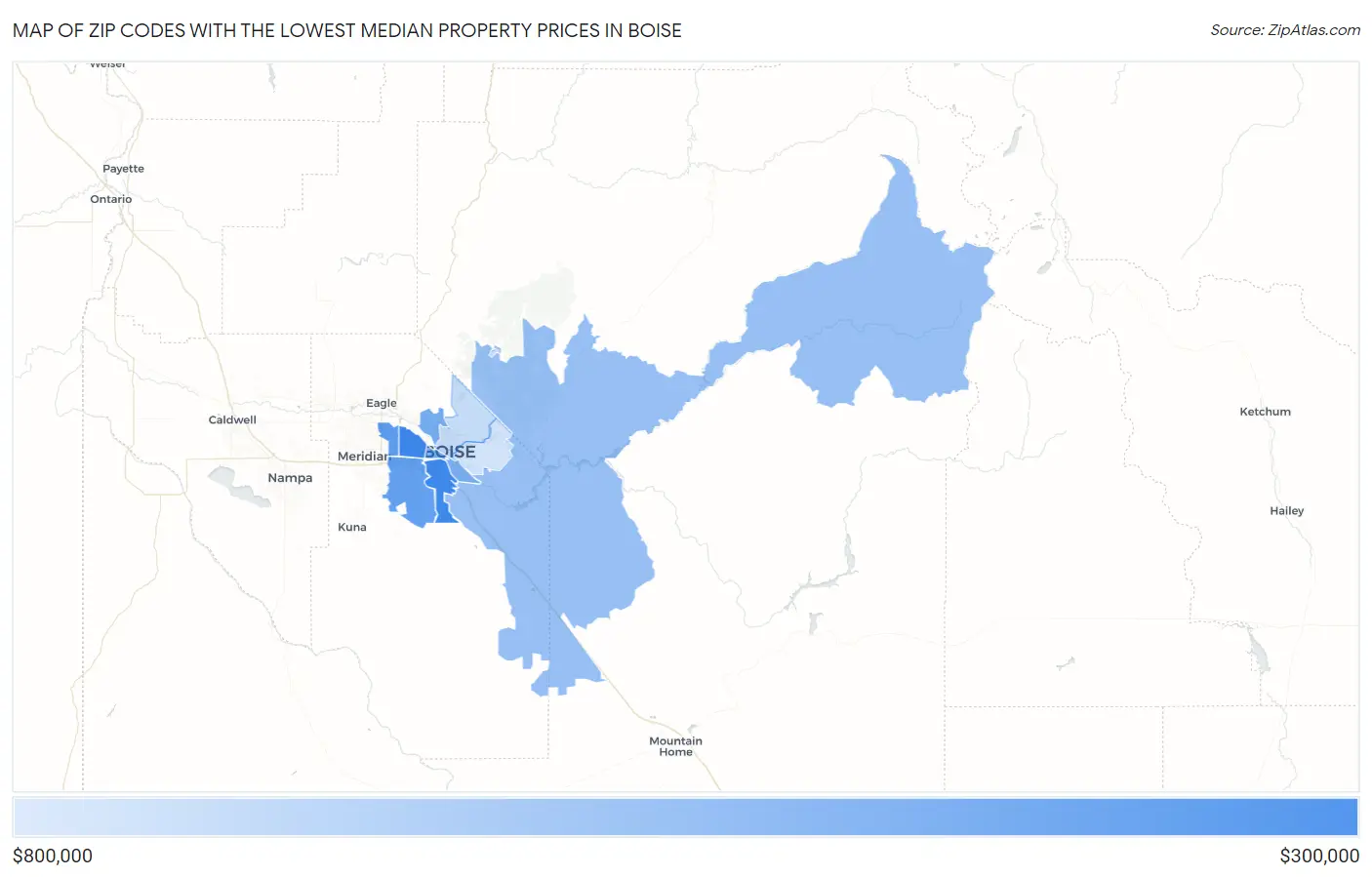 Zip Codes with the Lowest Median Property Prices in Boise Map