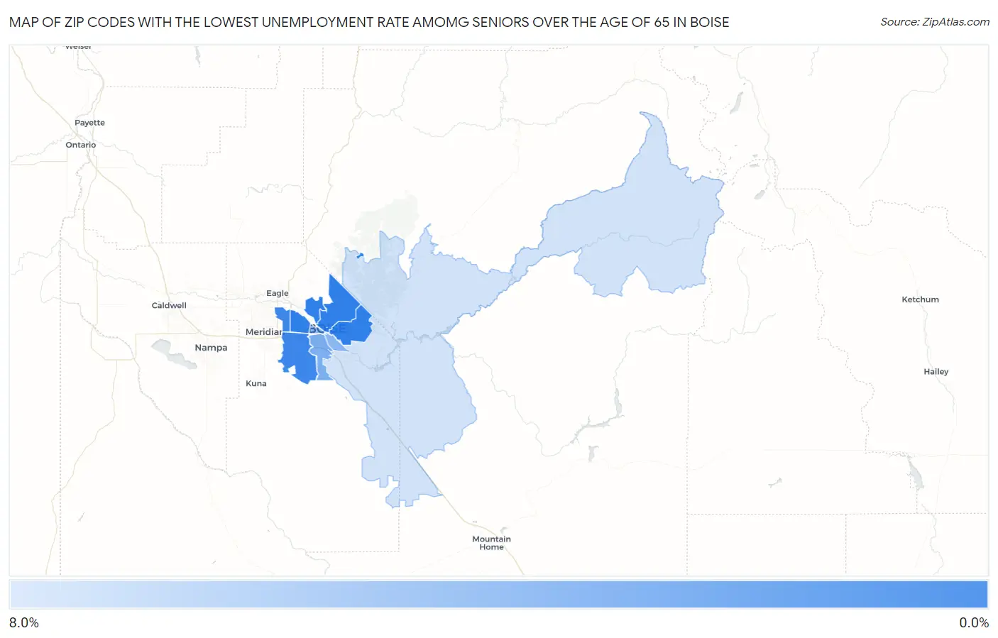 Zip Codes with the Lowest Unemployment Rate Amomg Seniors Over the Age of 65 in Boise Map