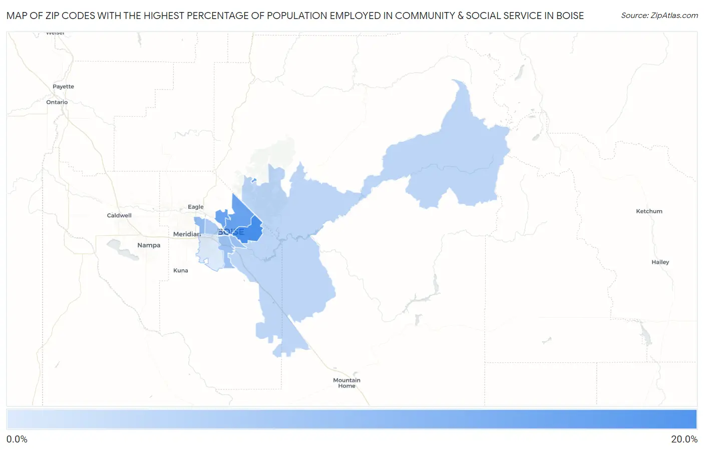 Zip Codes with the Highest Percentage of Population Employed in Community & Social Service  in Boise Map