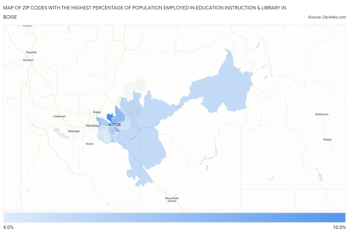 Zip Codes with the Highest Percentage of Population Employed in Education Instruction & Library in Boise Map
