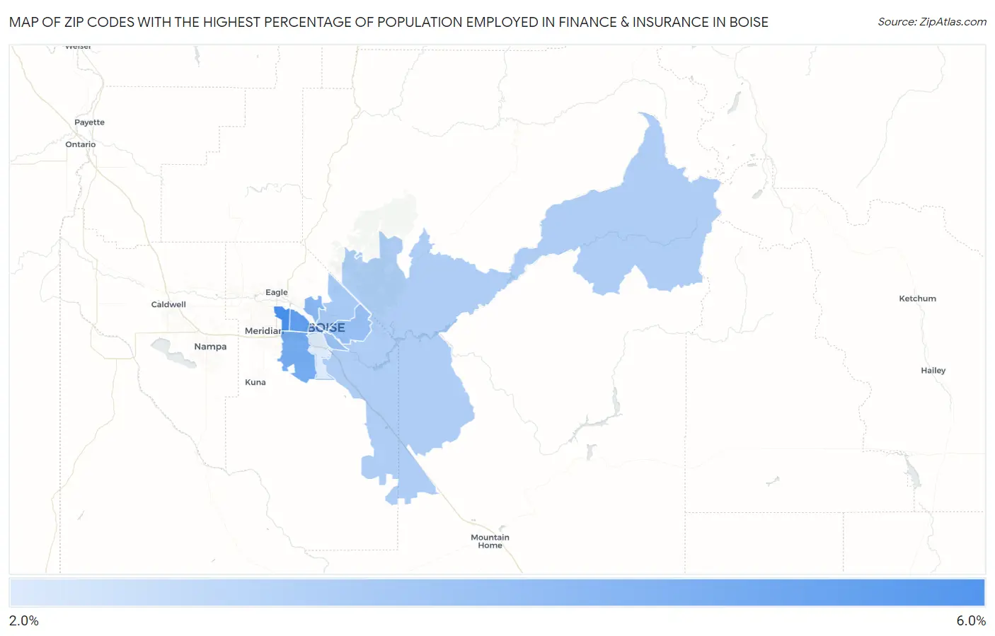 Zip Codes with the Highest Percentage of Population Employed in Finance & Insurance in Boise Map
