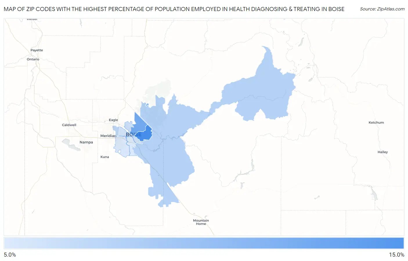 Zip Codes with the Highest Percentage of Population Employed in Health Diagnosing & Treating in Boise Map