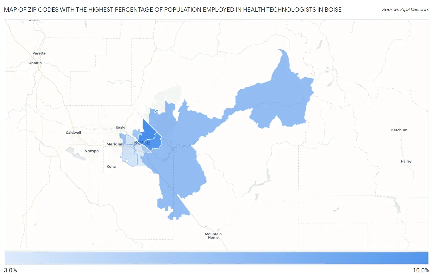 Zip Codes with the Highest Percentage of Population Employed in Health Technologists in Boise Map