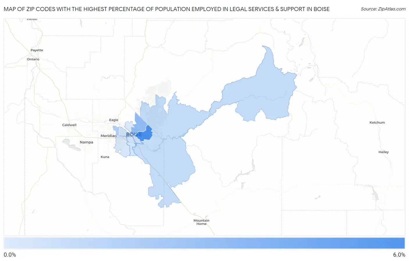 Zip Codes with the Highest Percentage of Population Employed in Legal Services & Support in Boise Map