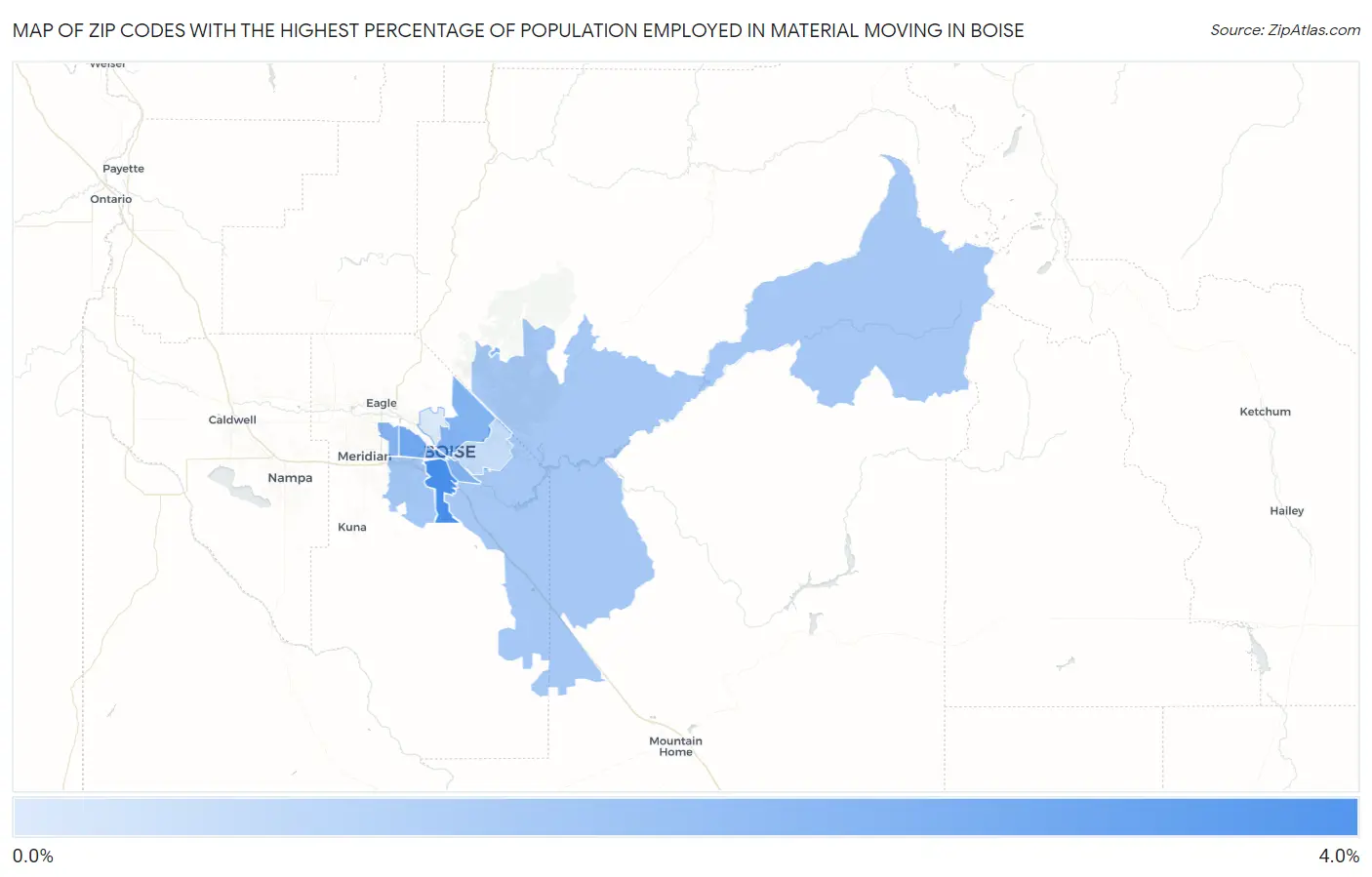 Zip Codes with the Highest Percentage of Population Employed in Material Moving in Boise Map