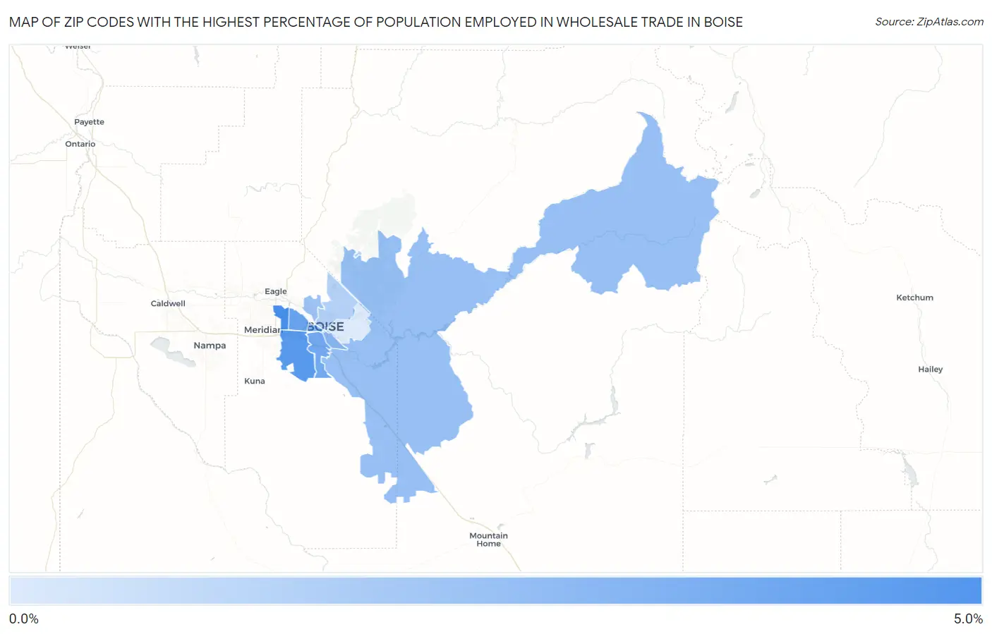 Zip Codes with the Highest Percentage of Population Employed in Wholesale Trade in Boise Map