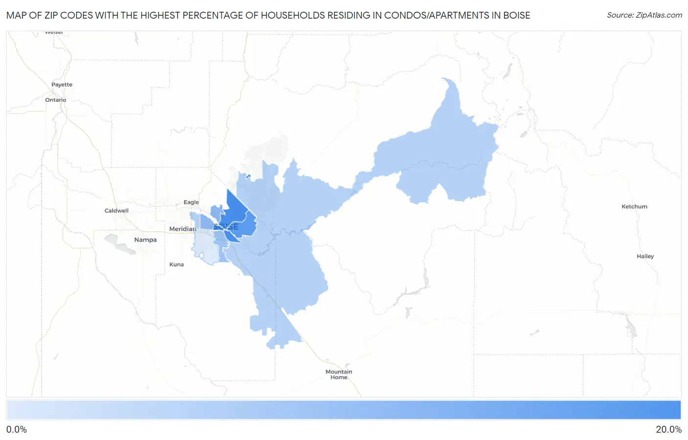 Zip Codes with the Highest Percentage of Households Residing in Condos/Apartments in Boise Map