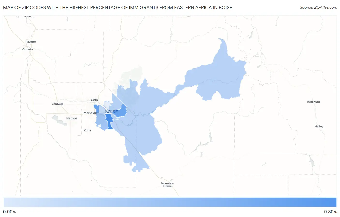 Zip Codes with the Highest Percentage of Immigrants from Eastern Africa in Boise Map