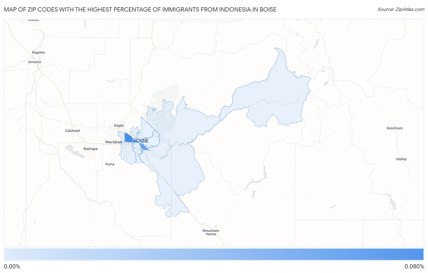 Zip Codes with the Highest Percentage of Immigrants from Indonesia in Boise Map